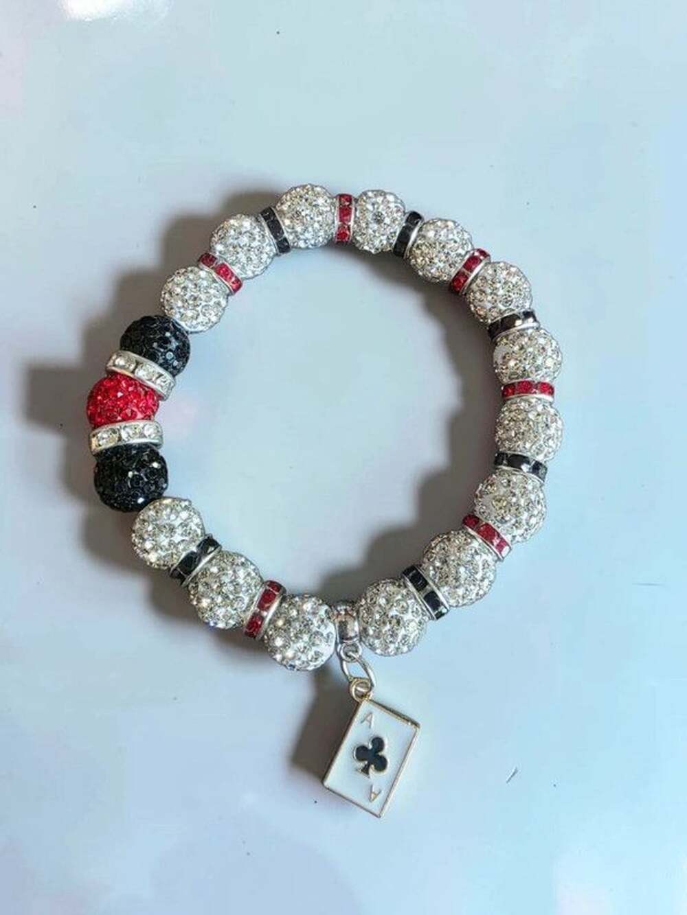 Ace of Clubs Playing Card Pavรฉ Crystal Beaded Stretch Bracelet
